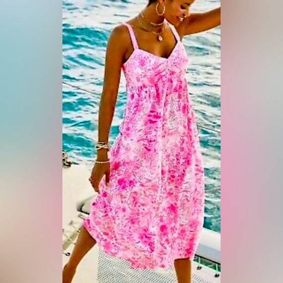 Lilly Pulitzer Azora Peony Pink Sz 8 Seaside Scene Cotton Midi Dress Pockets NEW